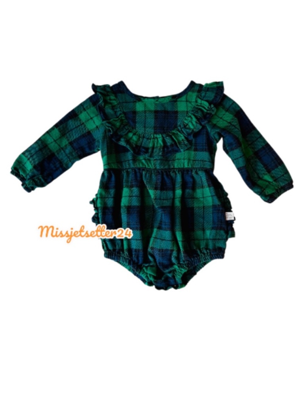 EUC RuffleButts Hunter Plaid Flannel Blue Green Bubble Romper 12 - 18 months